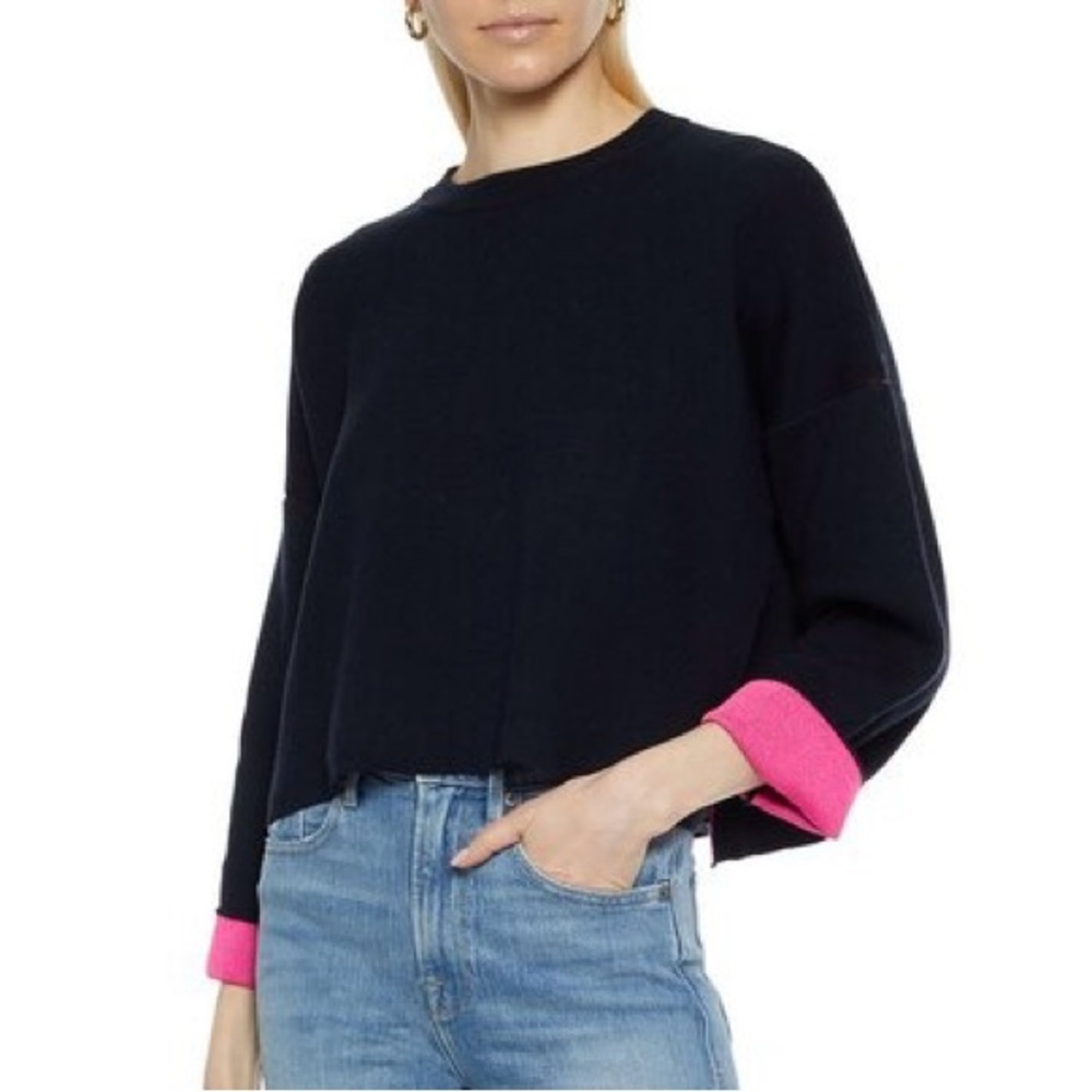 Autumn Cashmere M pink/navy cotton knit crew neck sweater